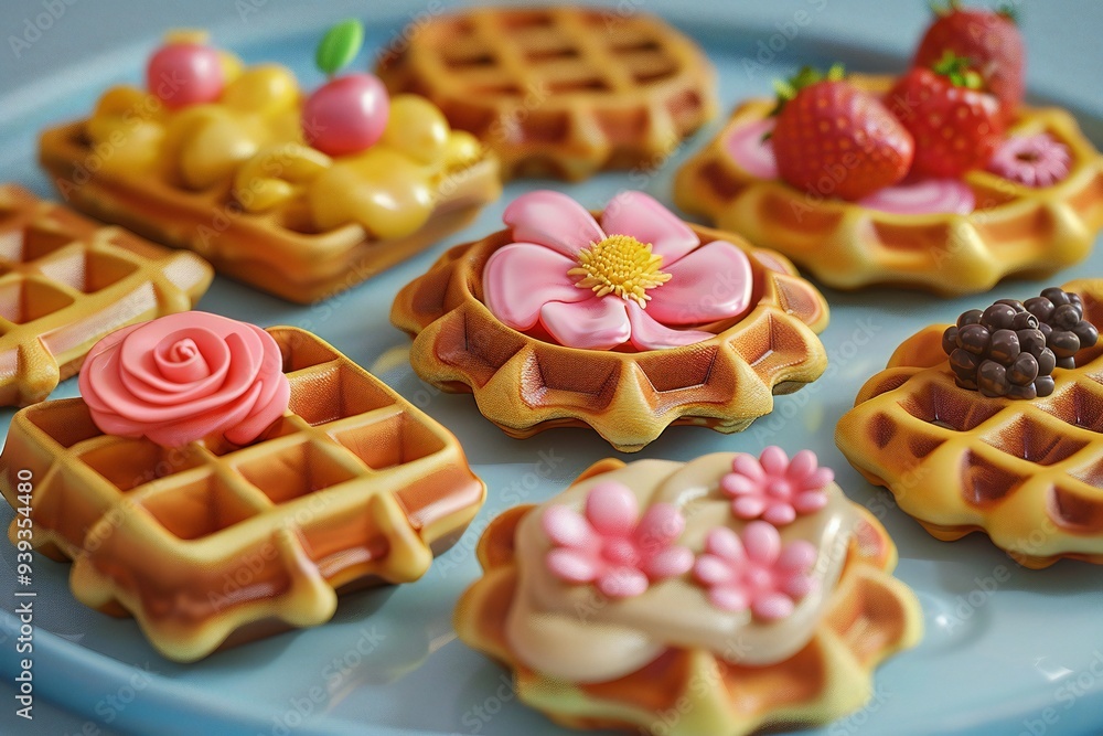 Cute cartoon style waffles with berries, different designs, 3D render created by ai Cute cartoon style waffles with berries, different designs, 3D render created by ai