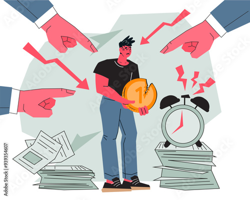 Employee suffers from stress and depression from overwork, toxic boss and too many responsibilities. Corporate slavery and toxic work environment, job burnout concept. Vector illustration on white.