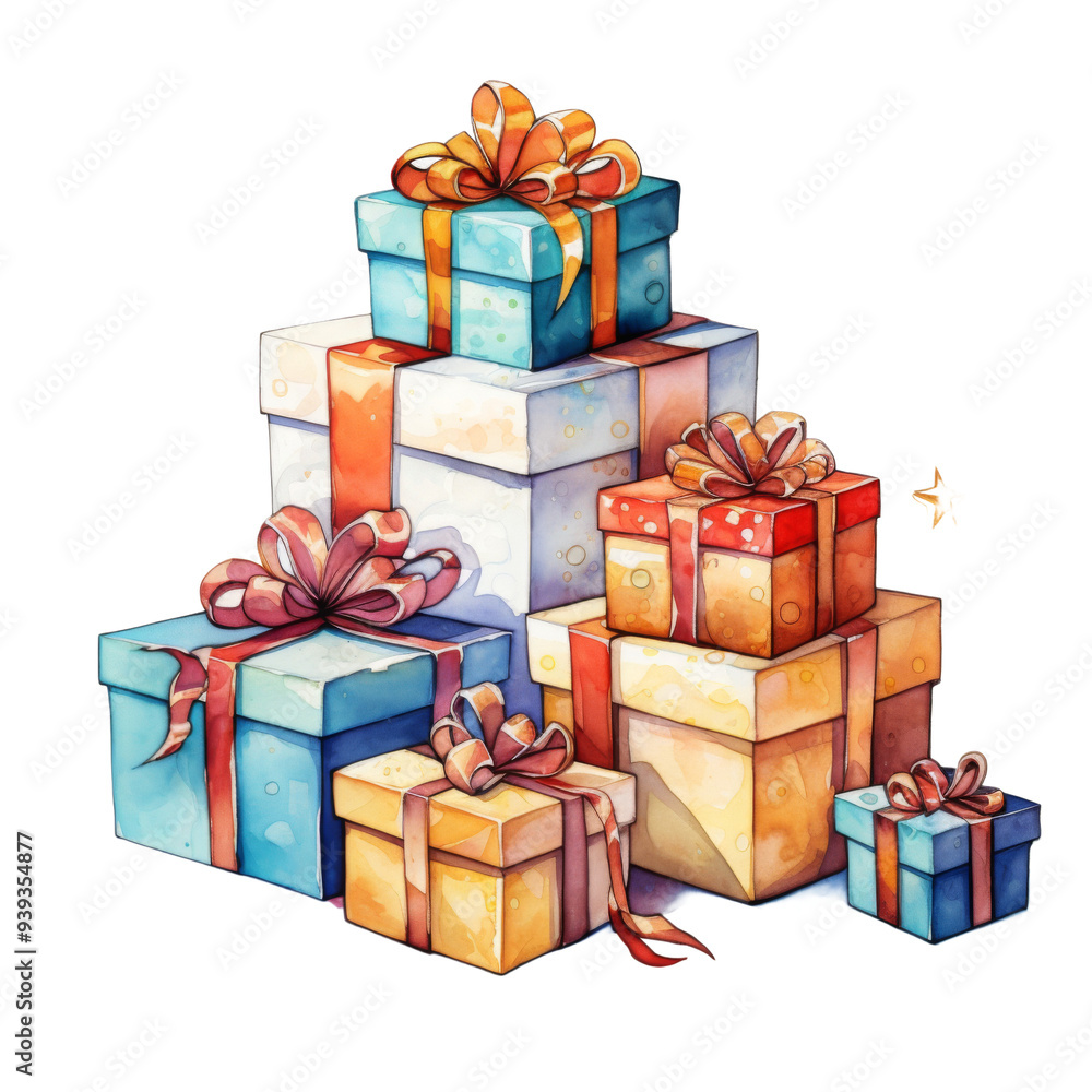 Fototapeta premium Stack of colorful gift boxes with ribbons and bows, isolated on a transparent background. Ideal for holiday promotions, retail displays, and event marketing. Perfect for businesses in retail, event 