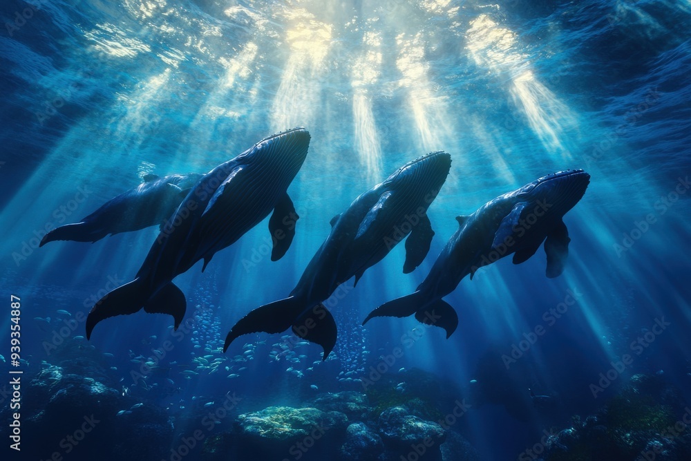 Mesmerizing scene of a whale group swimming cohesively in the deep blue ocean, illuminated by scattered sunlight rays, reflecting unity and grace within the marine ecosystem. Mesmerizing scene of a whale group swimming cohesively in the deep blue ocean, illuminated by scattered sunlight rays, reflecting unity and grace within the marine ecosystem.