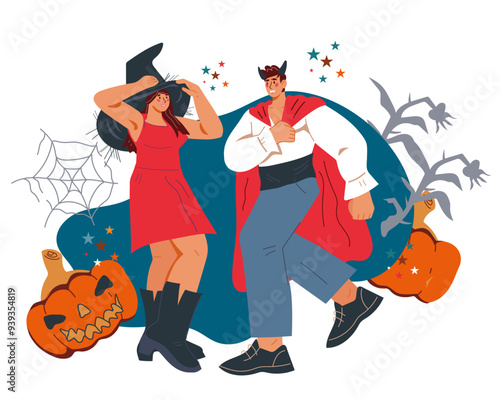Halloween party participants, happy man and woman in masquerade costumes, flat vector illustration isolated on white. Halloween banner or card background.