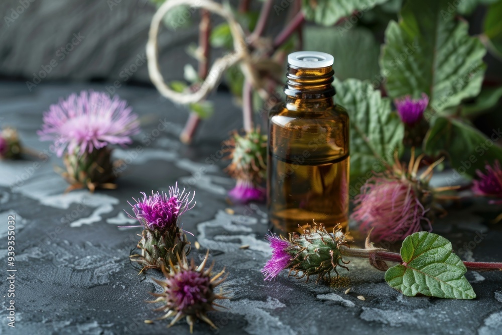 Milk thistle oil in a glass bottle surrounded by thistle flowers on a dark background Milk thistle oil in a glass bottle surrounded by thistle flowers on a dark background