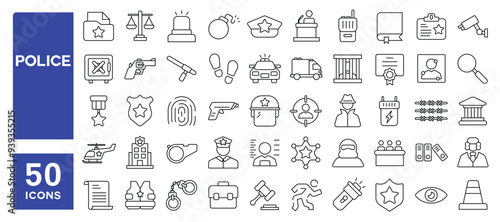 Set of 50 line icons related to police, arrest, handcuffs, investigate, jail, law, crime, criminal, prison, report, justice, Editable stroke. Vector illustration