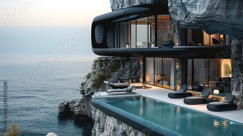 A luxurious matte black house which is extremely luxurious modern and comfortable. The house is on the edge of a cliff with a very luxurious pool between the cliff and the house and black sun lounger. photo