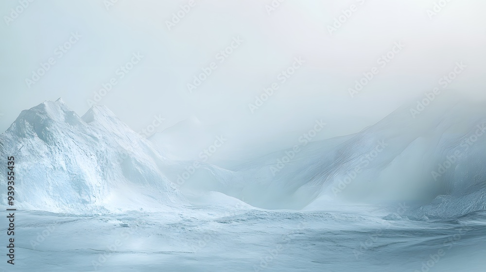 Tranquil and misty landscape of snow-covered mountains. The foreground features a smooth, icy surface Tranquil and misty landscape of snow-covered mountains. The foreground features a smooth, icy surface