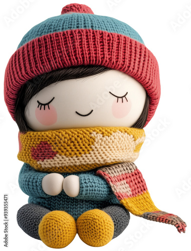 Cozy Winter Doll: A hand-knitted doll with a sweet, sleepy expression, dressed in a cozy teal sweater, a colorful scarf, and a warm beanie, isolated on transparent background. photo