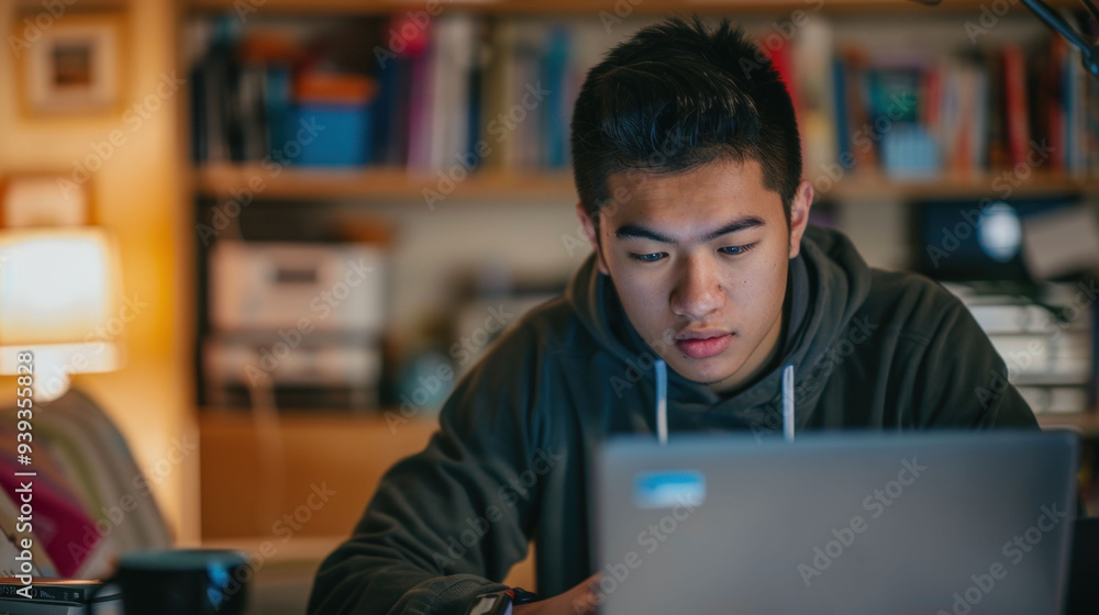 A college student attending an online class on a laptop in a dorm room A college student attending an online class on a laptop in a dorm room