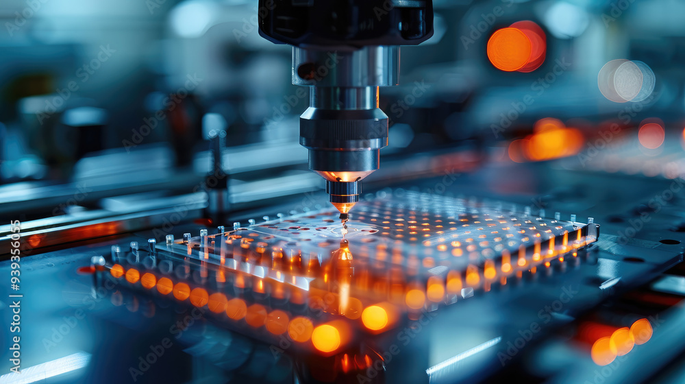 Close-up of Silicon Die are being Extracted from Semiconductor Wafer and Attached to Substrate by pick and place machine. Computer Chip Manufacturing at Factory. Generative AI. Close-up of Silicon Die are being Extracted from Semiconductor Wafer and Attached to Substrate by pick and place machine. Computer Chip Manufacturing at Factory. Generative AI.