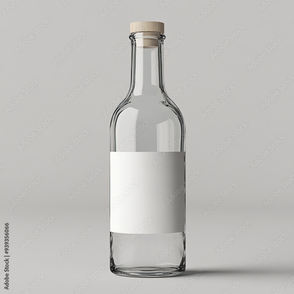 Fototapeta premium Clear glass bottle with wooden cap and blank white label on a gray background.