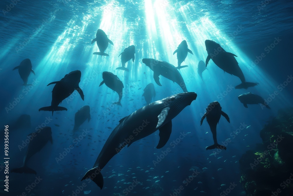 Fototapeta premium An enchanting underwater scene featuring many whales swimming together in the sunlit ocean depths, highlighting the beauty and interconnectedness of aquatic life in the ocean.