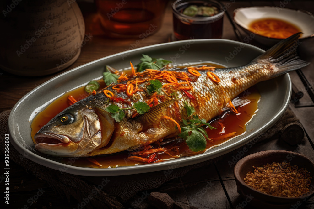 Perfectly Steamed Whole Fish Infused with Ginger Sauce and Aromatic Spices Gourmet Seafood Dish Highlighting Tender Texture and Flavors Ideal for Healthy Cooking and Culinary Photography Perfectly Steamed Whole Fish Infused with Ginger Sauce and Aromatic Spices Gourmet Seafood Dish Highlighting Tender Texture and Flavors Ideal for Healthy Cooking and Culinary Photography