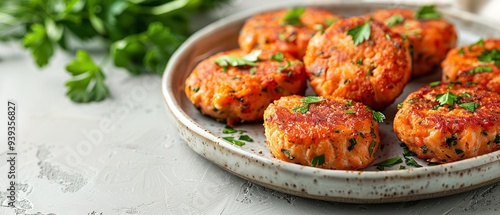 A dish of fried salmon patties with parsley garnish set against a white background a top view and close shot, Generative AI.