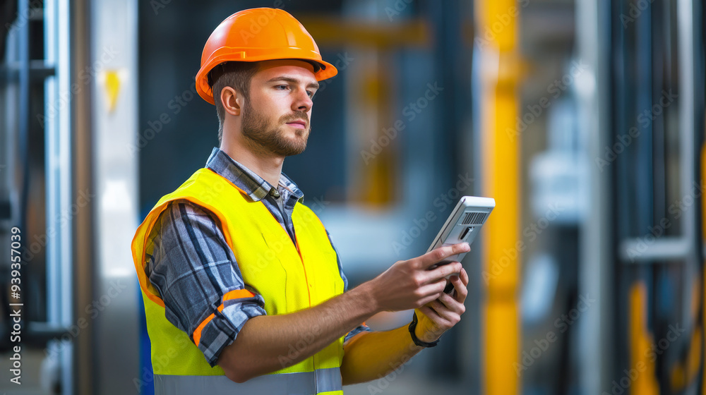 An officer using a handheld device to check IDs at an industrial entrance, emphasizing security and safety protocols. An officer using a handheld device to check IDs at an industrial entrance, emphasizing security and safety protocols.