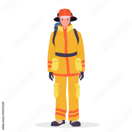 Female firefighter standing, girl employee of rescue emergency service. Young cute woman in modern fireman uniform, hat and safety boots smiling, professional rescuer cartoon vector illustration