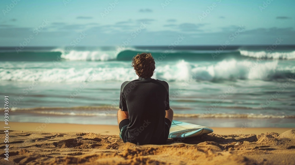 Surfer sitting on the sand, gazing at the waves with their board nearby Surfer sitting on the sand, gazing at the waves with their board nearby