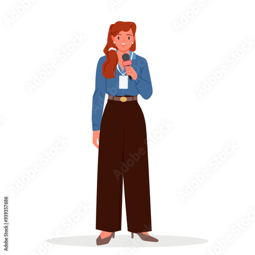 Female journalist holding microphone for professional interview or news report, journalism. Young cute woman with mic at work, portrait of happy talent girl standing cartoon vector illustration
