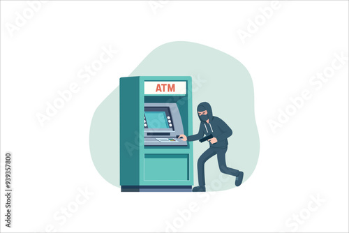 the thief stole money from an ATM. hacking the terminal to steal. Flat character illustration.