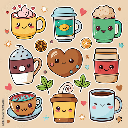 kawaii style anime illustration of coffee to go stickers