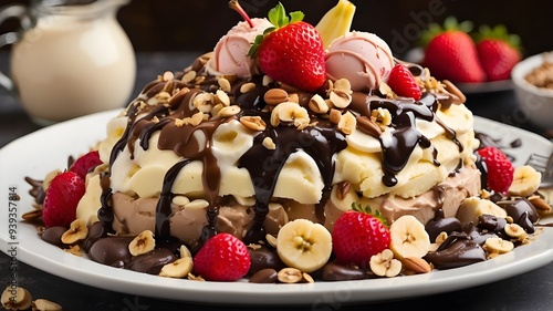 A vibrant and colorful banana split, with scoops of creamy vanilla, rich chocolate, and tangy strawberry ice cream, topped with a generous drizzle of hot fudge, a sprinkle of chopped nuts, and a cherr photo