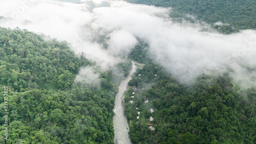 Aerial view of the Pacuare River bed surrounded by trees in the middle of the Caribbean jungle with mountains and fog in the background in the province of Limón in Costa Rica