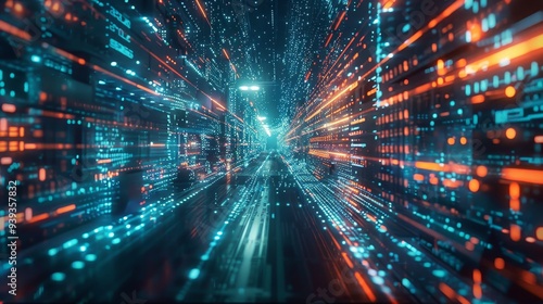 This digital artwork illustrates a futuristic data stream with blue and orange lights, depicting a fast digital world.