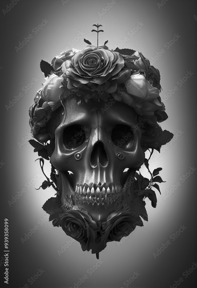 Portrait of a surreal human skull decorated with roses Portrait of a surreal human skull decorated with roses