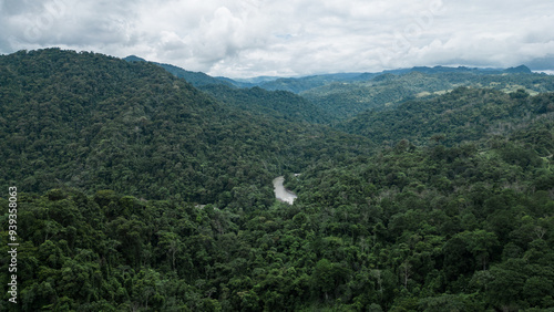 Cuadro en lienzo Aerial view of the Pacuare River bed surrounded by trees in the middle of the mo