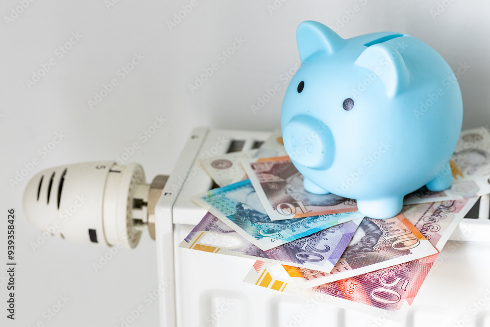 British pounds lying on an unscrewed radiator and a piggy bank, Concept, financial budgeting. Winter heating costs in the UK
