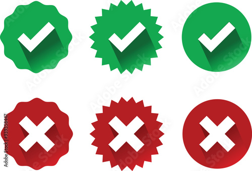  check mark, cross mark icon set. Isolated tick symbols, checklist signs, approval badge.vector eps10