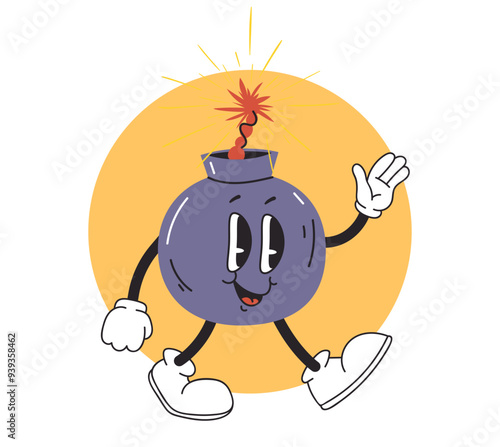 Bomb cartoon retro character concept. Vector graphic design illustration element