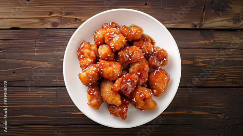 Plate of mouthwatering orange chicken with a sticky glaze and sesame seed garnish is set on a vintage wooden table photo