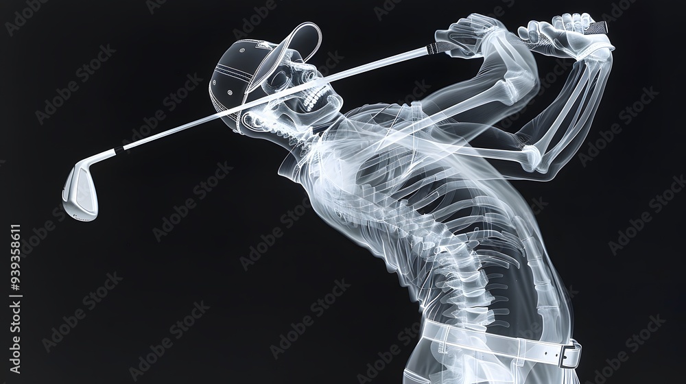 X-Ray of a Golfer Swinging a Club: An x-ray image of a golfer’s torso and arms as they swing a golf club.
X-Ray of a Golfer Swinging a Club: An x-ray image of a golfer’s torso and arms as they swing a golf club.