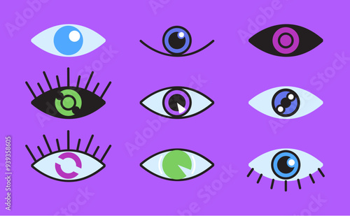Different type of eyes colorful esoteric style flat set. Vector graphic design illustration element