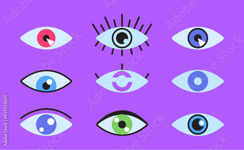 Different type of eyes colorful esoteric style flat set. Vector graphic design illustration element
