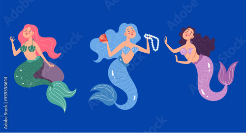 Mermaids on sea bottom simple flat line art style set. Vector graphic design illustration element