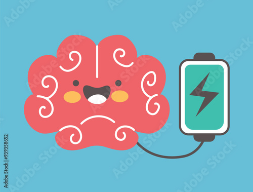 Full of energy charge happy brain character concept. Vector graphic design illustration element