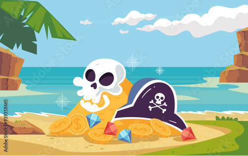 Pirate treasure chest with gold laying on sea shore island cartoon concept. Vector graphic design illustration