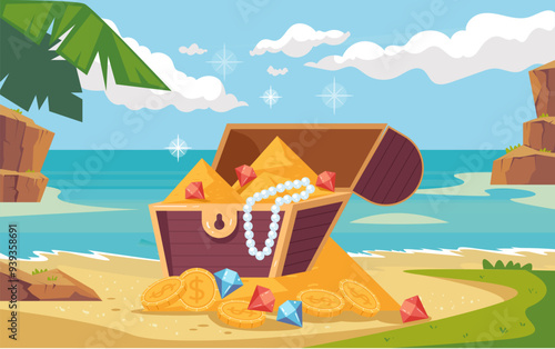 Pirate treasure chest with gold laying on sea shore island cartoon concept. Vector graphic design illustration