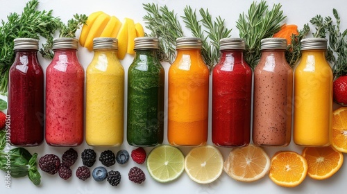 colorful array of fresh fruit and vegetable smoothies in glass bottles ingredients artfully arranged clean white background emphasizing health