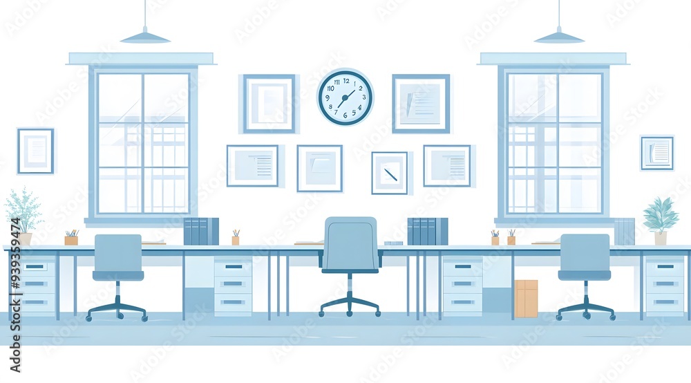 Fototapeta premium illustration of an office space with desks, chairs and bookshelves,workspace