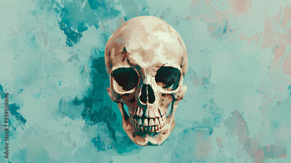 Painted Human Skull on Teal Background Painted Human Skull on Teal Background