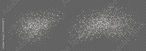 Coconut flakes, flying grated and desiccated coconut powder, dry scattered coco texture. Vector illustration.