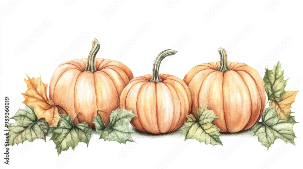 Three pumpkins with green and orange leaves on a white background
Three pumpkins with green and orange leaves on a white background