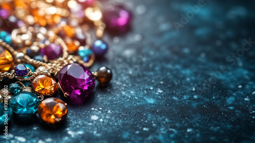 Colorful Gemstones and Jewelry on Sparkling Dark Background with Bokeh Effect