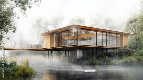 Modern glass waterfront house with misty surroundings and nature, featuring wood and steel accents over a serene lake.