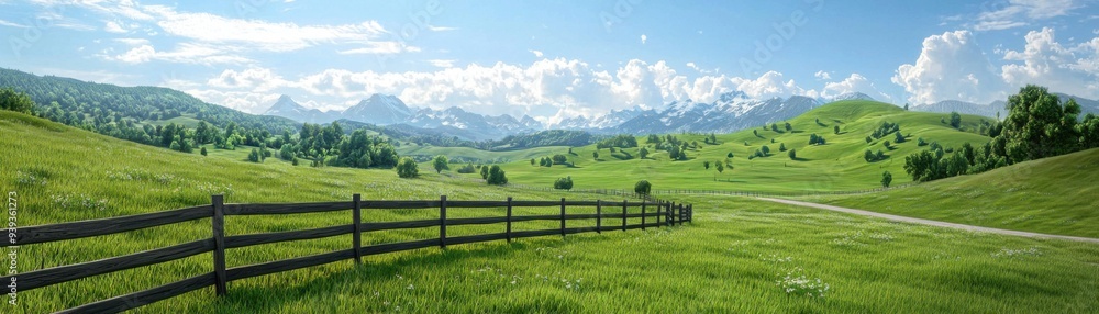 Serene Meadow Landscape: A picturesque, green meadow stretches out under a brilliant blue sky, with a wooden fence leading the eye into the distance Serene Meadow Landscape: A picturesque, green meadow stretches out under a brilliant blue sky, with a wooden fence leading the eye into the distance