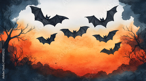 Watercolor Halloween Bats Flying in a Creepy Sunset Sky