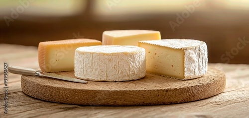 An assortment of gourmet cheeses arranged on a wooden board, perfect for culinary presentations and cheese lovers.