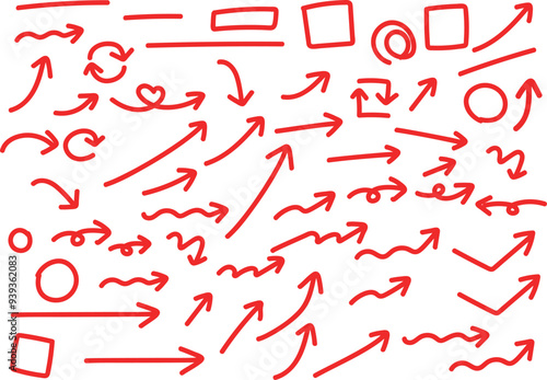 red hand drawn arrow set.Collection of hand drawn isolated arrows.red doodle arrows.