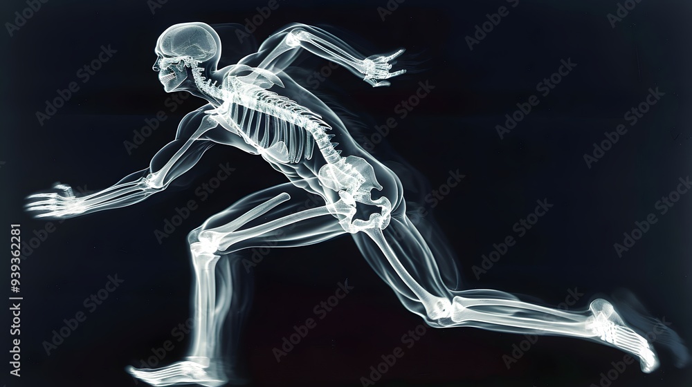 X-Ray of a Sprinter Running: An x-ray image of a sprinter in mid-stride, showing the dynamic movement of the legs and arms.
X-Ray of a Sprinter Running: An x-ray image of a sprinter in mid-stride, showing the dynamic movement of the legs and arms.